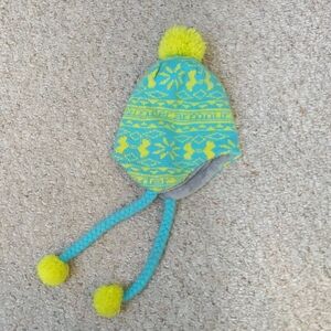 Women's Or Kids Winter Hat with Pom Poms - Blue and Yellow
